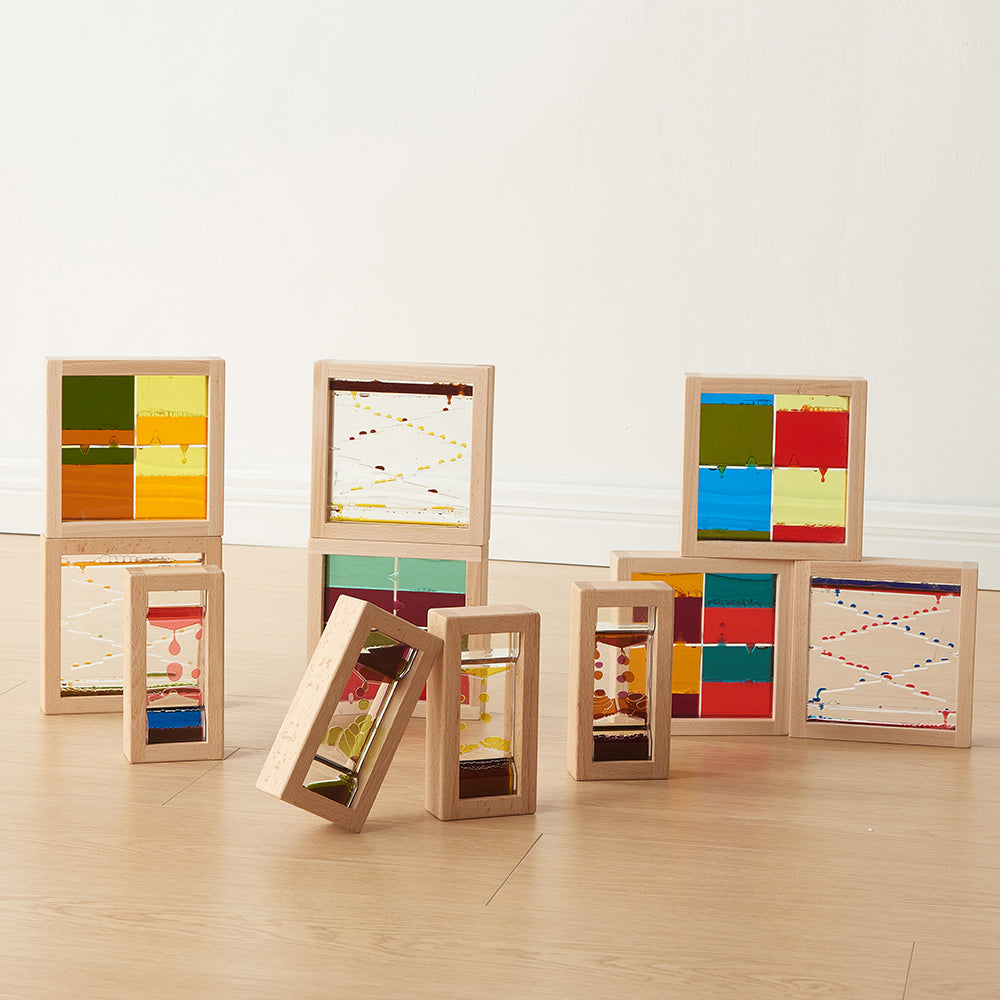 Close-up view of colourful bubbles flowing through the sensory block channels.