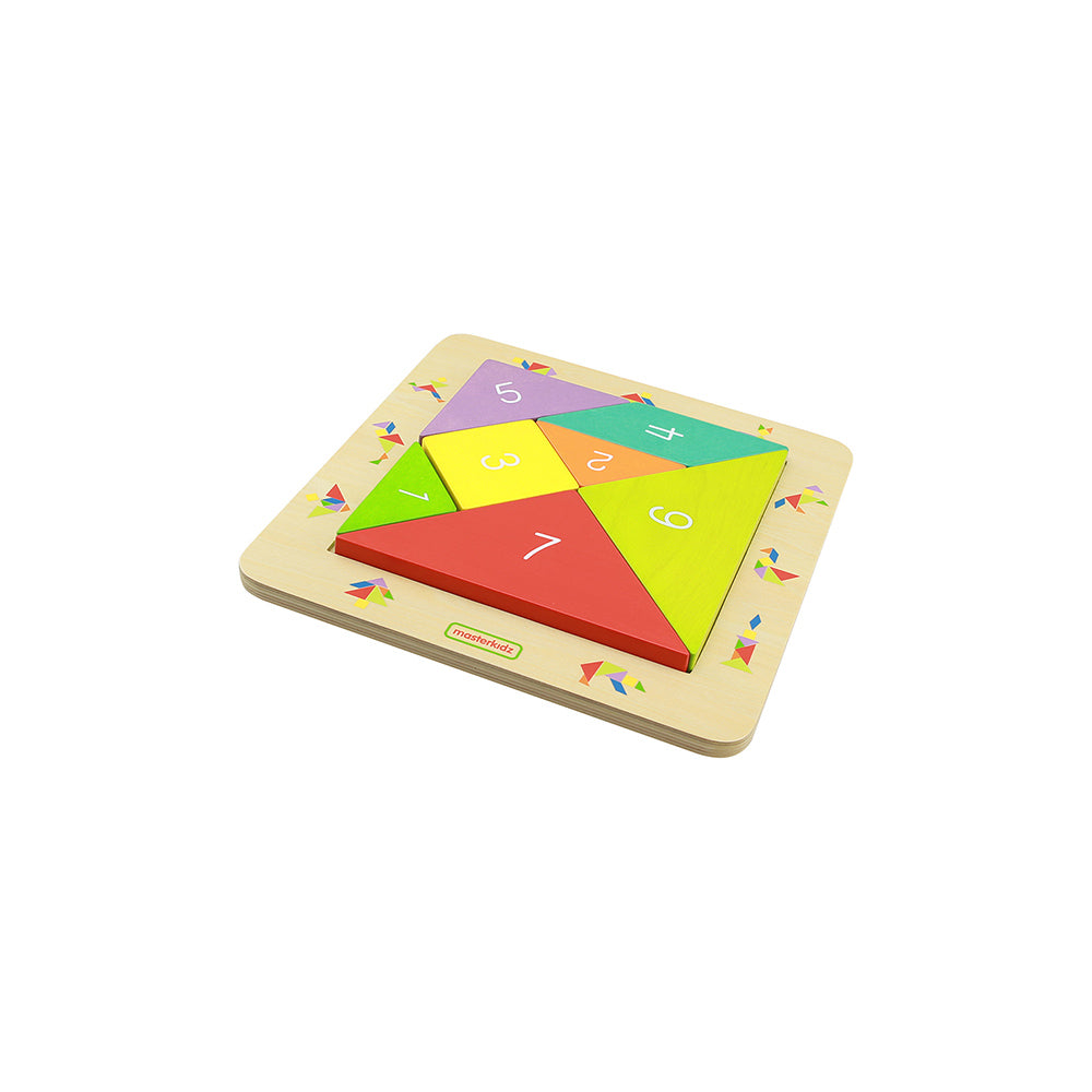 Kids playing wooden tangram board for problem-solving skills