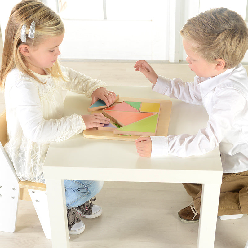 Fine motor skill development toy with colorful tangram pieces