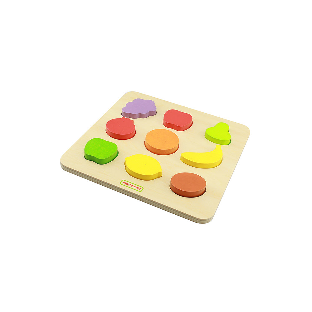 Fine motor skills development toy with wooden fruit shapes