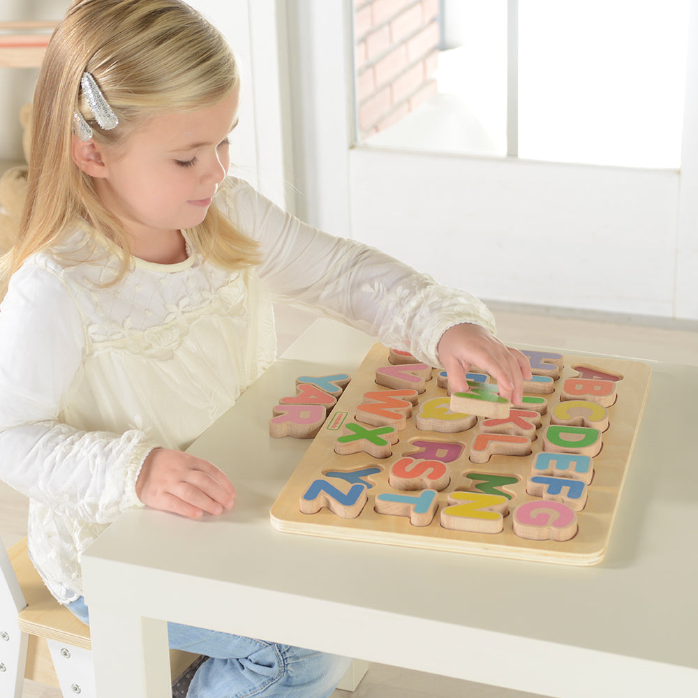 Fine motor skill development toy with wooden alphabet pieces
