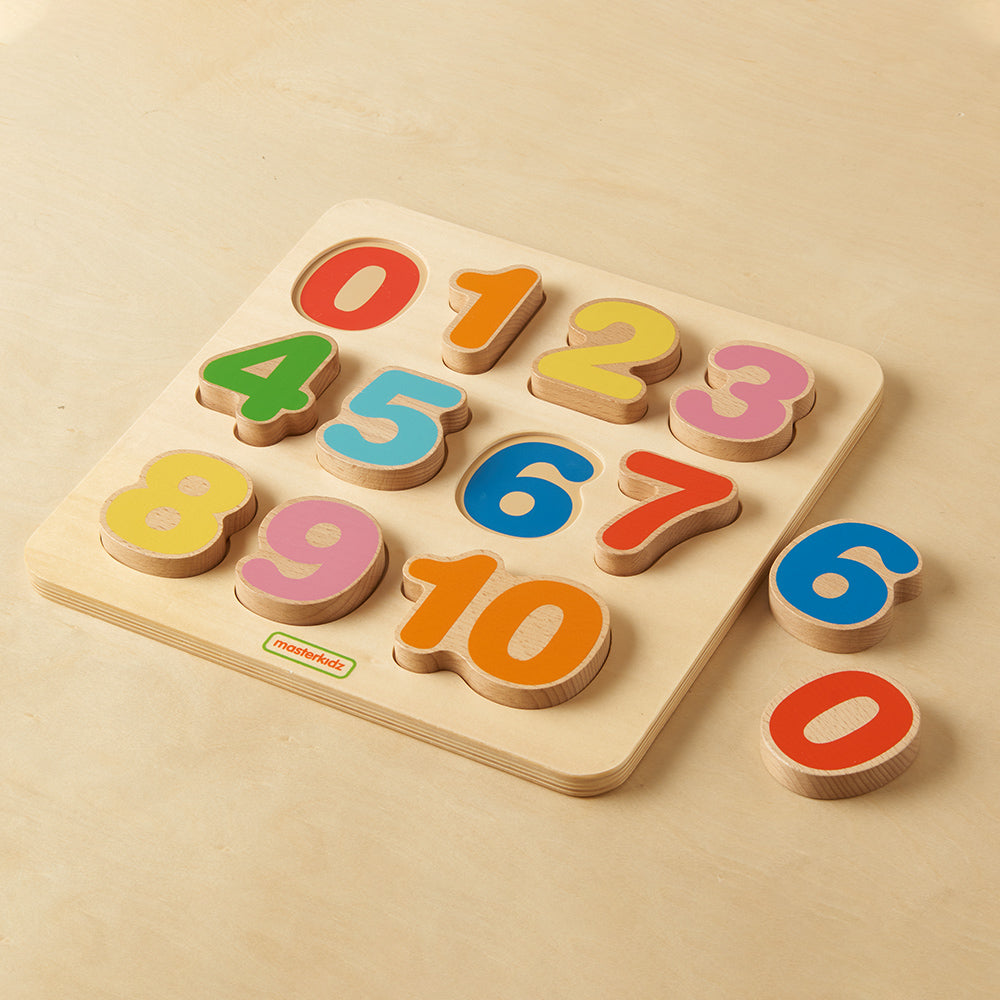 Chunky wooden number pieces for fine motor skill development