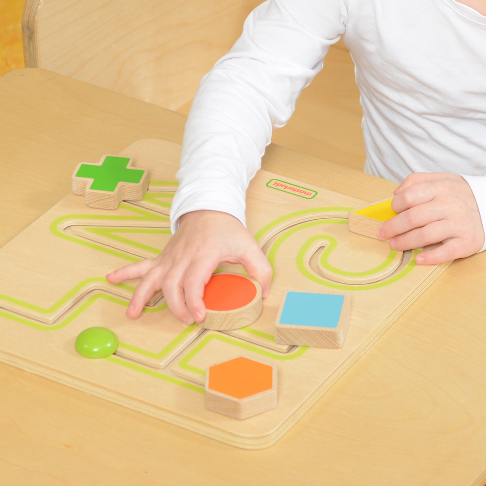 Fine motor skills training toy with wooden sliding shapes