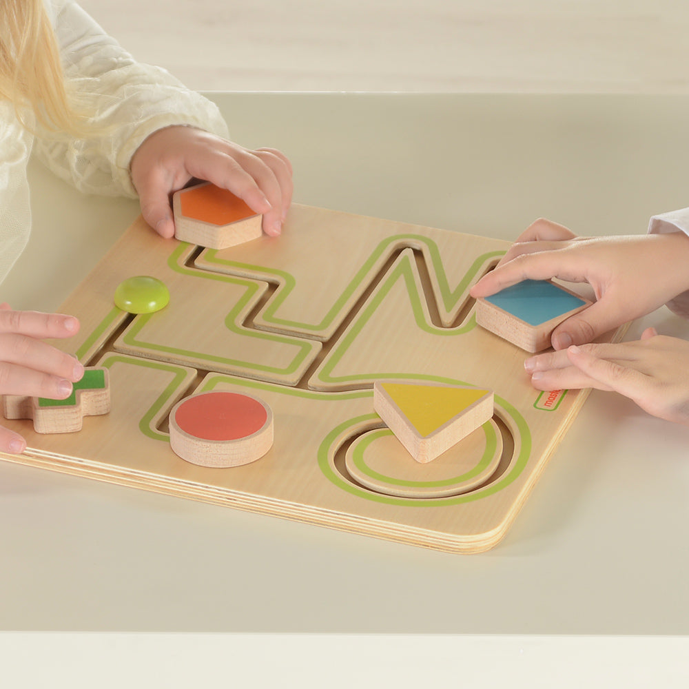 Eco-friendly wooden shape matching maze for early learning