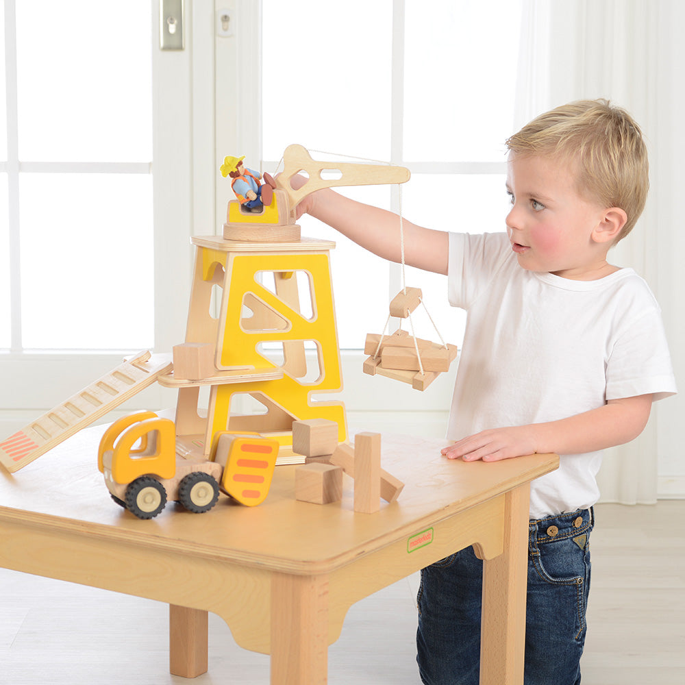 Eco-friendly beechwood and plywood construction site for role-play.