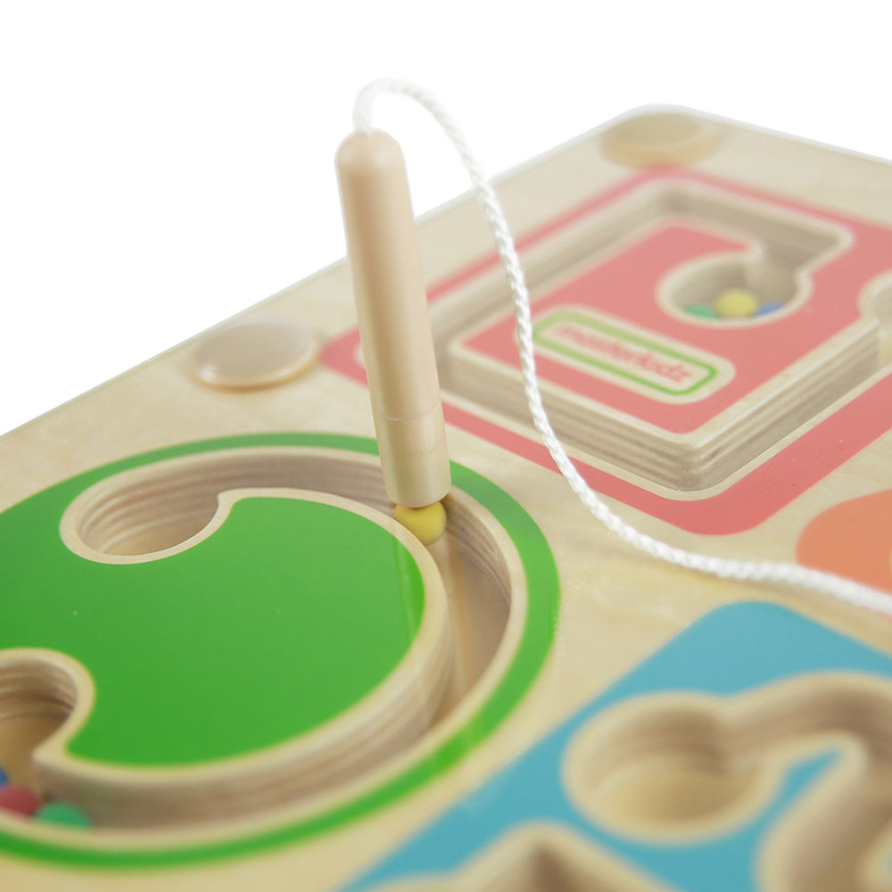 Wooden magnetic maze toy with four geometric shape tracks