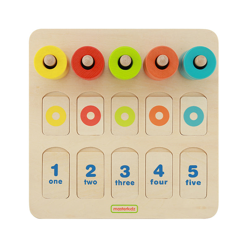 Close-up of number and color cards used with the Masterkidz learning board.