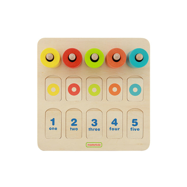 Masterkidz Counting and Colours Learning Board with beads, color cards, and number cards.