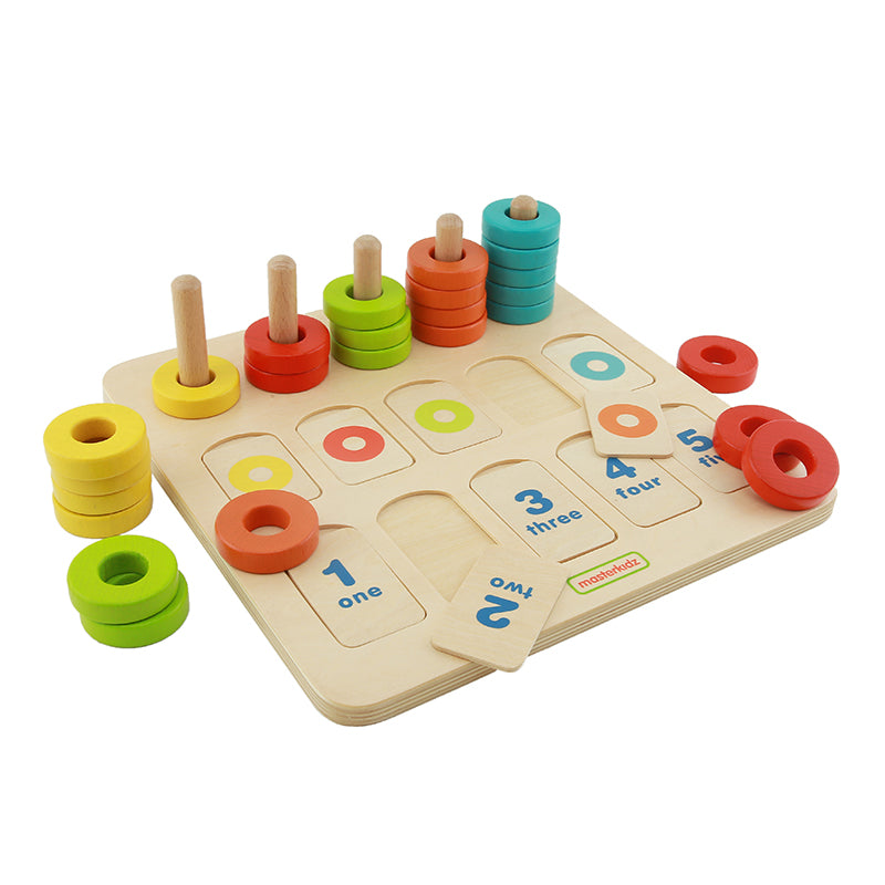 Interactive colour and counting activity using wooden learning board.