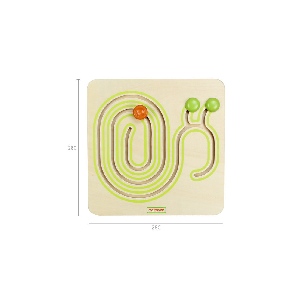 Toddler moving wooden pieces along the snail’s spiral track.