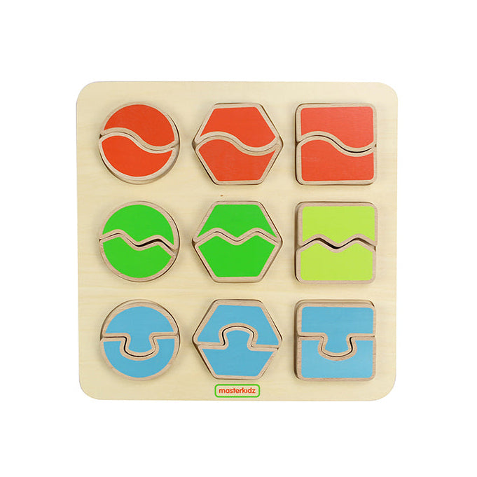 Wooden 9-piece shape matching puzzle made from FSC-certified beechwood.