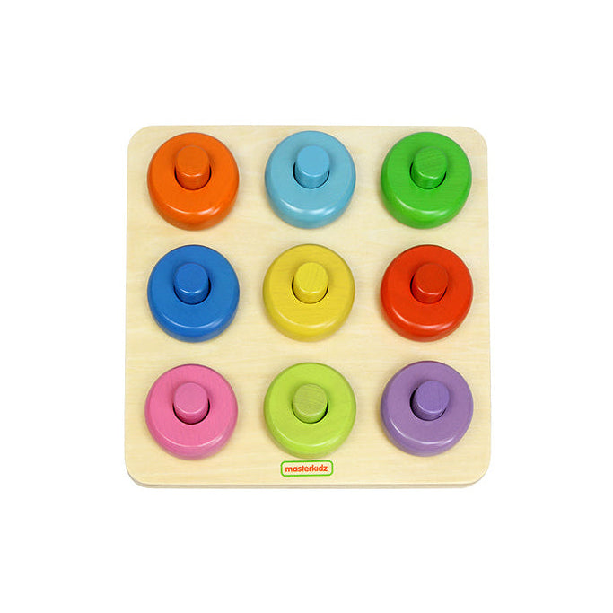 Masterkidz Dowel Matching Board with 9 colorful chunky dowels and pegs.