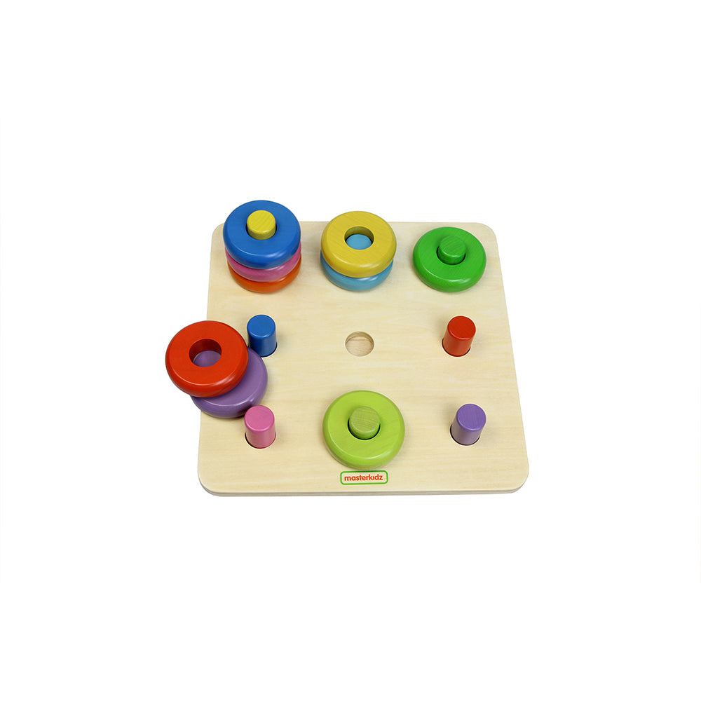 Top view of all 9 colored dowels ready for stacking and matching.