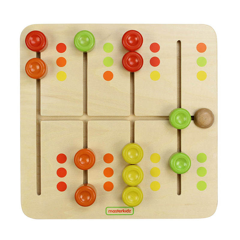 Wooden colour sliding game board with multiple colored pegs.