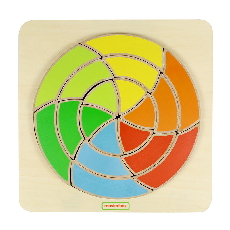 Wooden spiral wheel puzzle board with 18 colorful FSC Beech Wood pieces.