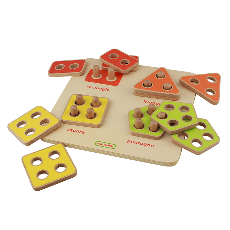 Counting Shape Stacker with multiple wooden pegs arranged for shape sorting.