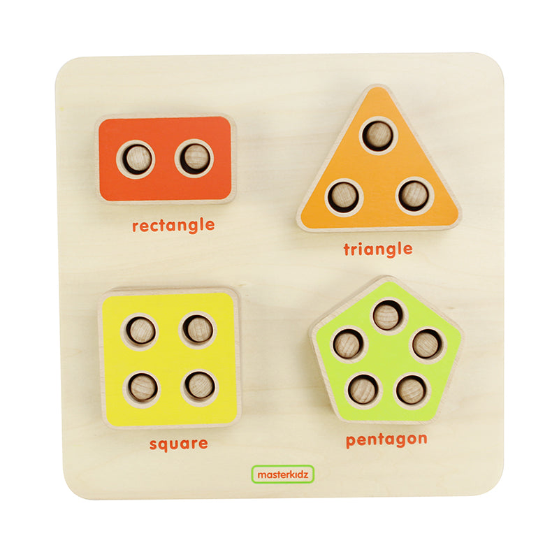Wooden Beech Wood shape stacker toy with colorful counting blocks on peg board.
