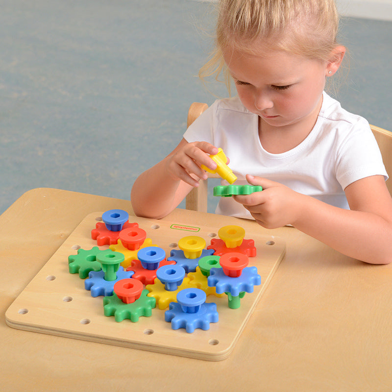 Close-up of durable, child-safe wooden gear components.