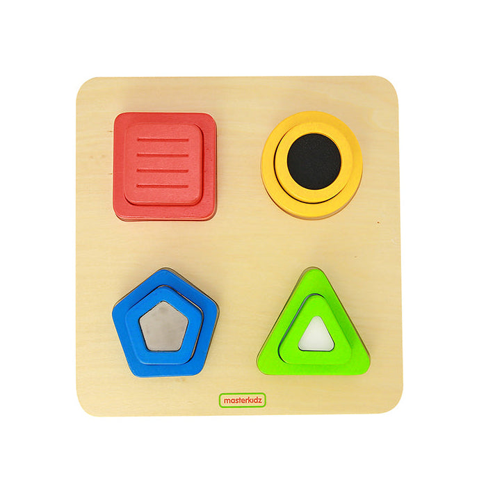 Masterkidz wooden sensory matching blocks featuring various textures and materials.