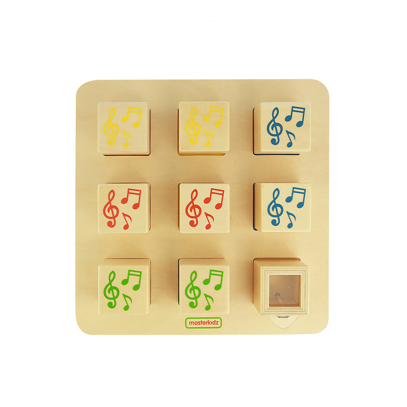 Masterkidz wooden sound matching cubes showing four pairs of sound-making blocks.