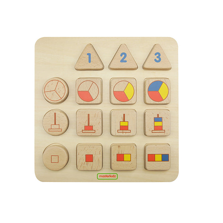Masterkidz wooden number matching board featuring triangular number blocks and round quantity tiles.