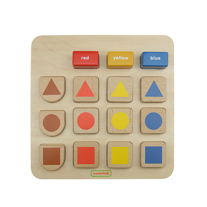 Masterkidz Sorting & Grouping board with colourful rectangular and semi-circular blocks.