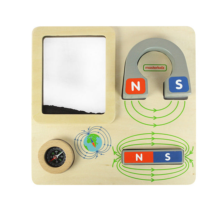 Masterkidz Magnetism Discovery Board with horse-shoe magnet, magnet bar, metal powder box, and compass.