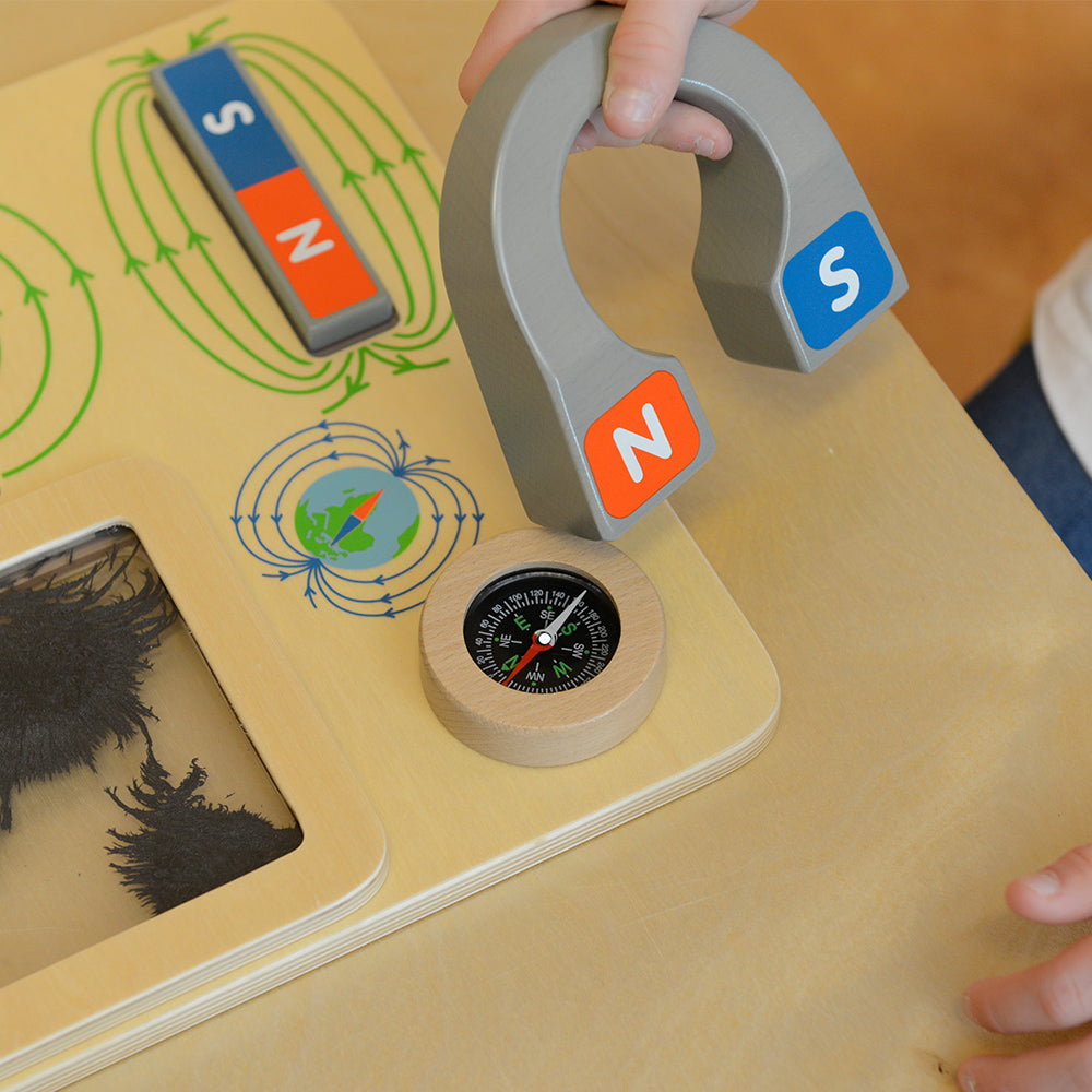 Close-up of durable wooden board with labelled magnetic components.