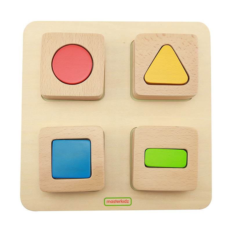 Masterkidz Shape Matching Block Set with colourful wooden blocks in varying shapes.