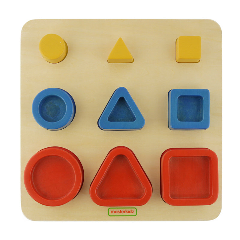 Three sets of Masterkidz Geometric Shape Stacker blocks in vibrant red, yellow, and blue.