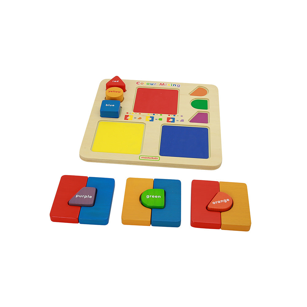 Montessori classroom scene with children learning colour mixing through block play.