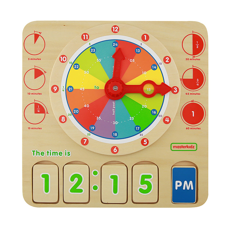 Wooden time teaching board featuring analog and digital clocks.