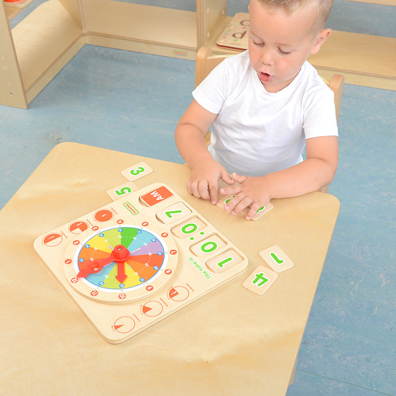 Colourful educational clock board made from durable wood.