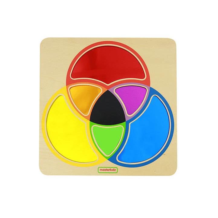 Colour mixing learning mirror with reflective play surface.