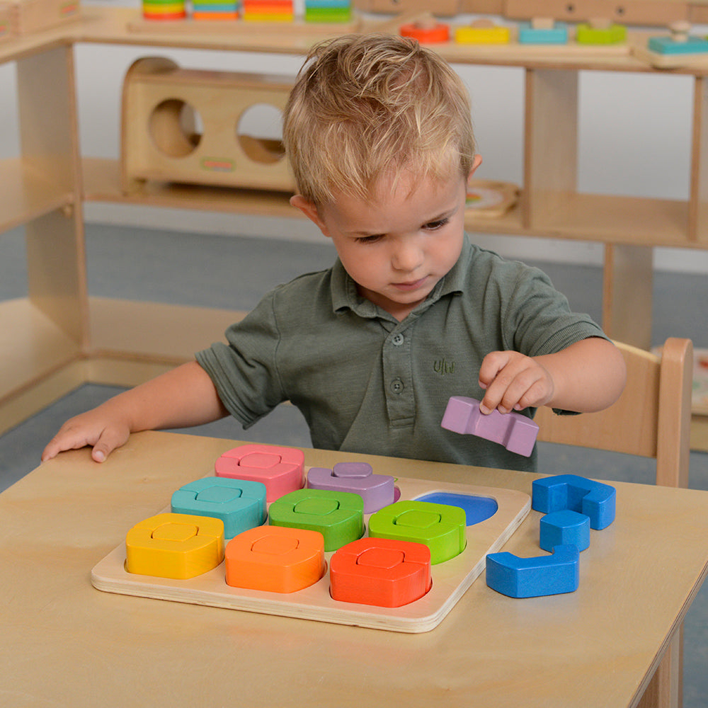 Close-up of durable wooden blocks with vivid colour finishes.