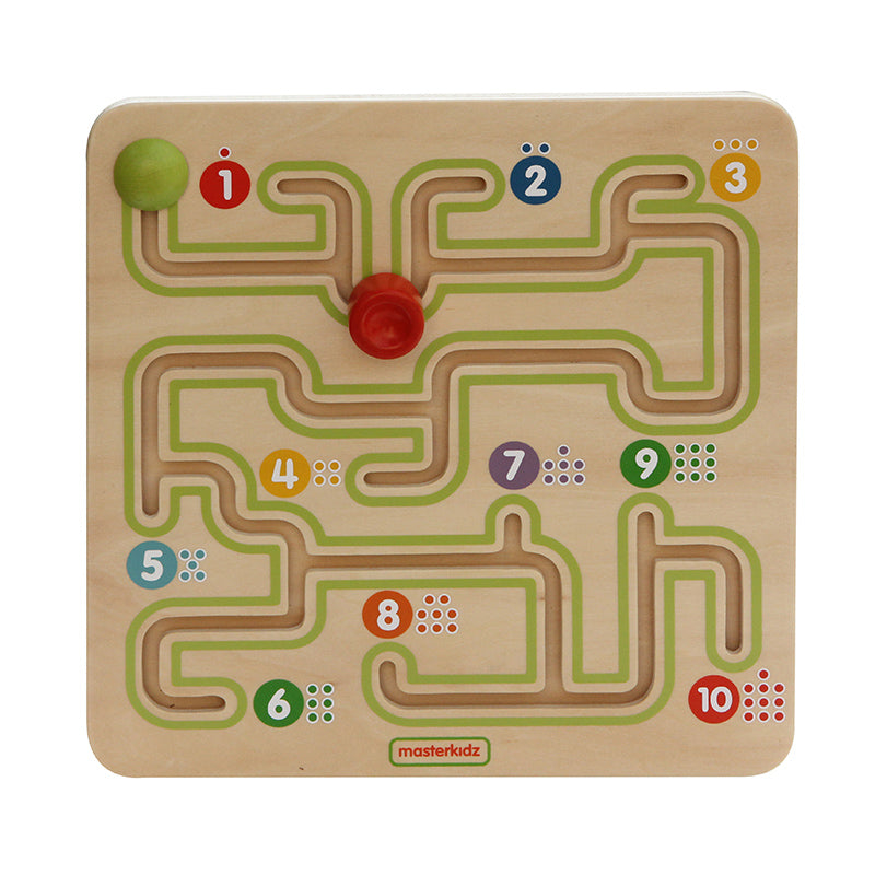 Wooden sliding maze board with numbered path stops.