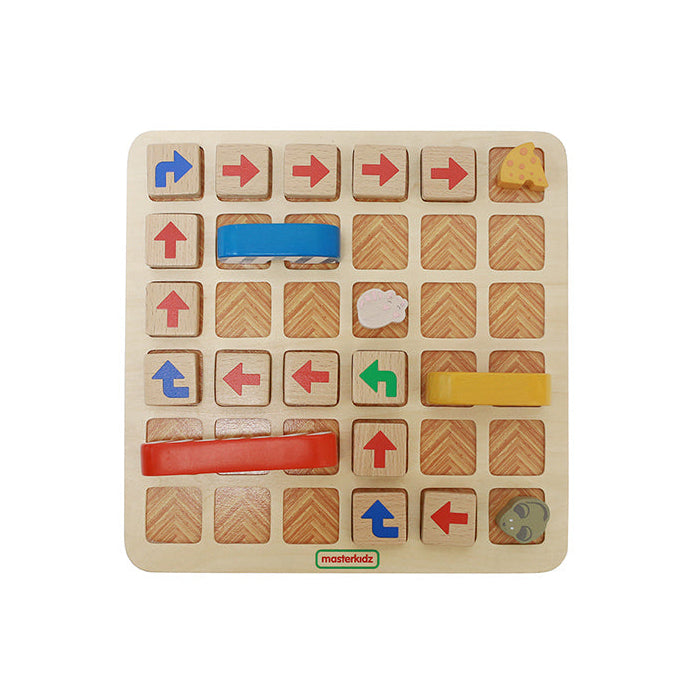 Coding logic board with mouse, cheese, roadblocks, bridges, and cat obstacles.