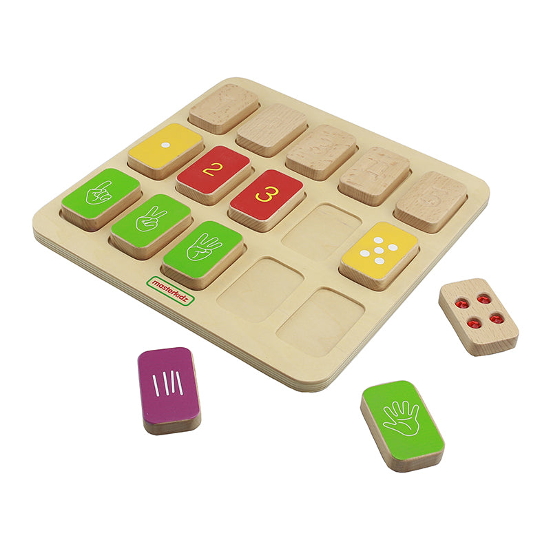 Kids practising counting with colourful and tactile number tiles.