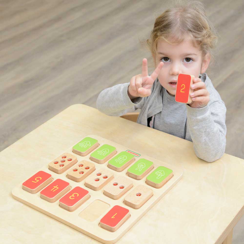 Children matching number tiles featuring numerals, gestures, and dot patterns.