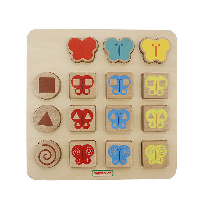 Wooden colour and pattern matching tiles designed for early logic training.