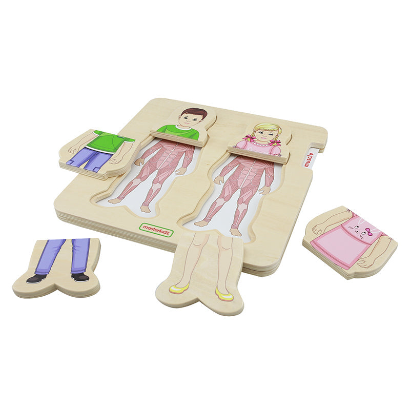 Interactive Masterkidz puzzle showing skin, organs, muscles, and skeleton