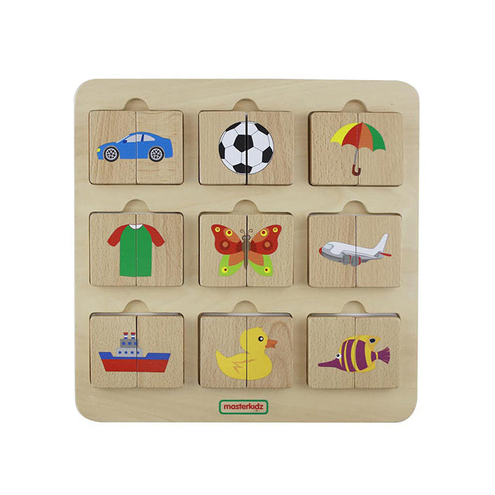 Wooden object matching toy with colorful and black-shaded tiles.