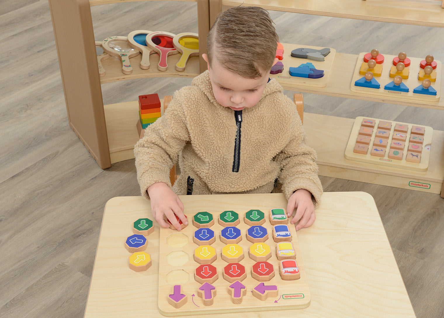 Montessori-style direction and colour recognition board for children
