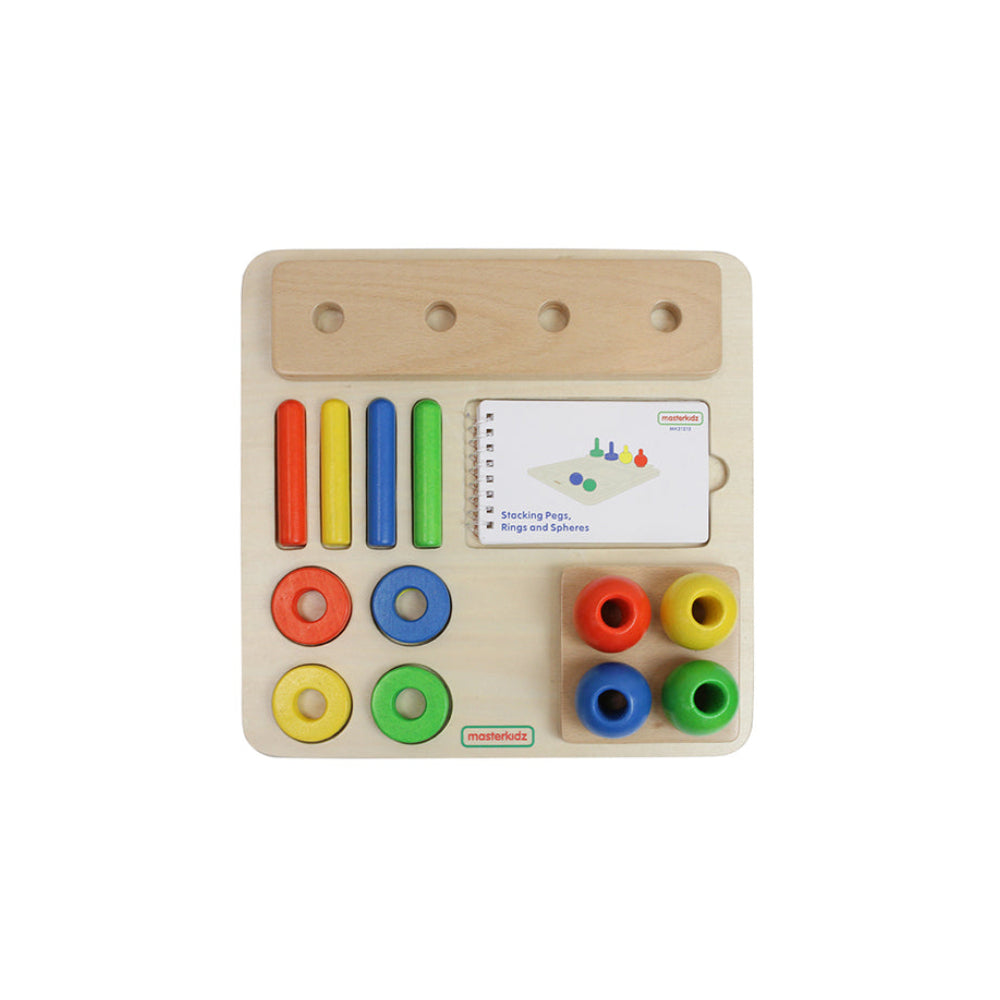 Full set of Masterkidz stacking pegs, rings and spheres arranged by colour.