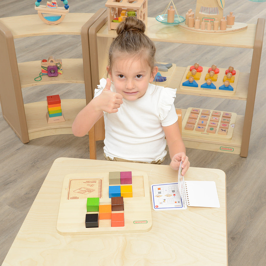 Nine brightly coloured wooden cubes for preschool children.
