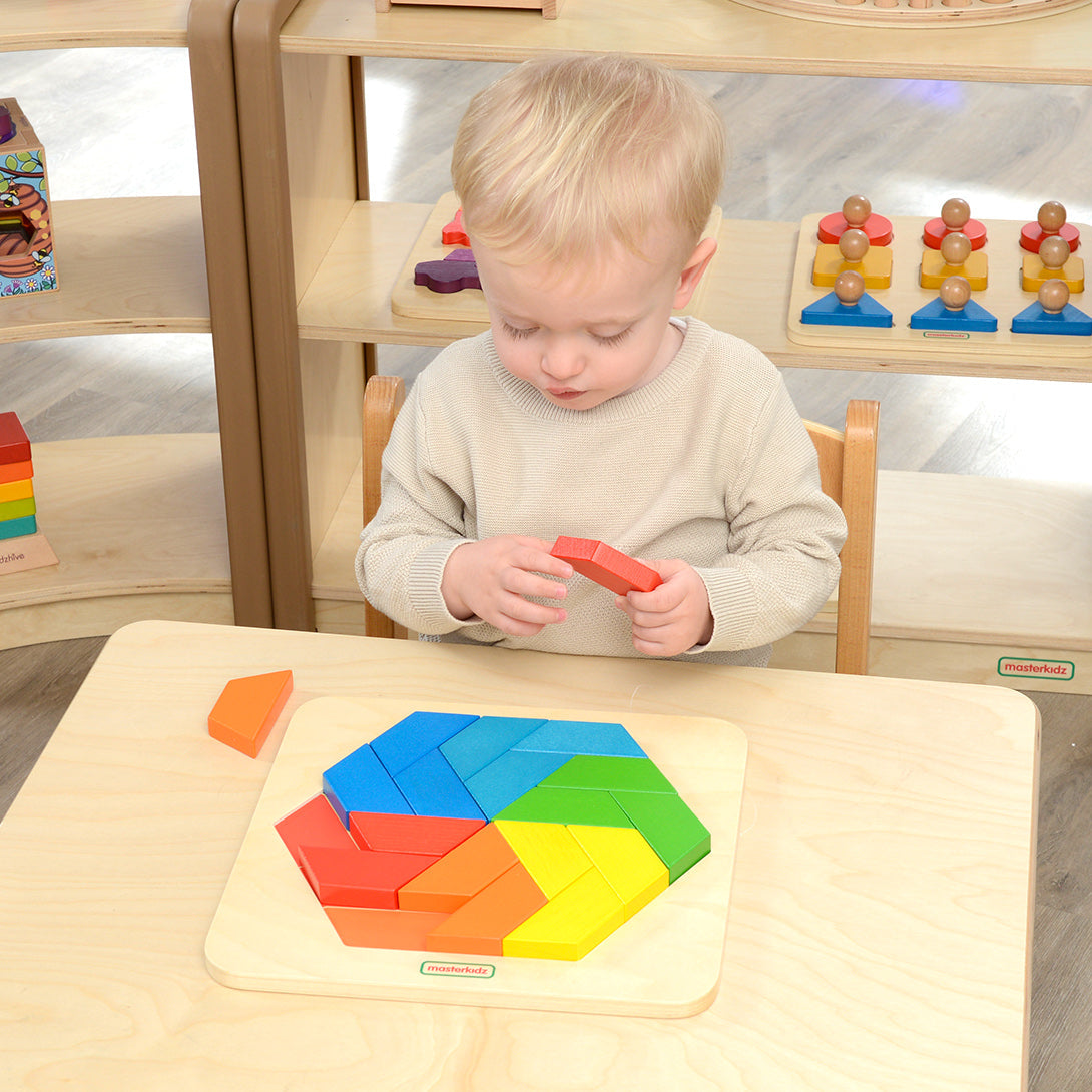 Kids arranging Masterkidz Creative Play Tiles into endless shapes.
