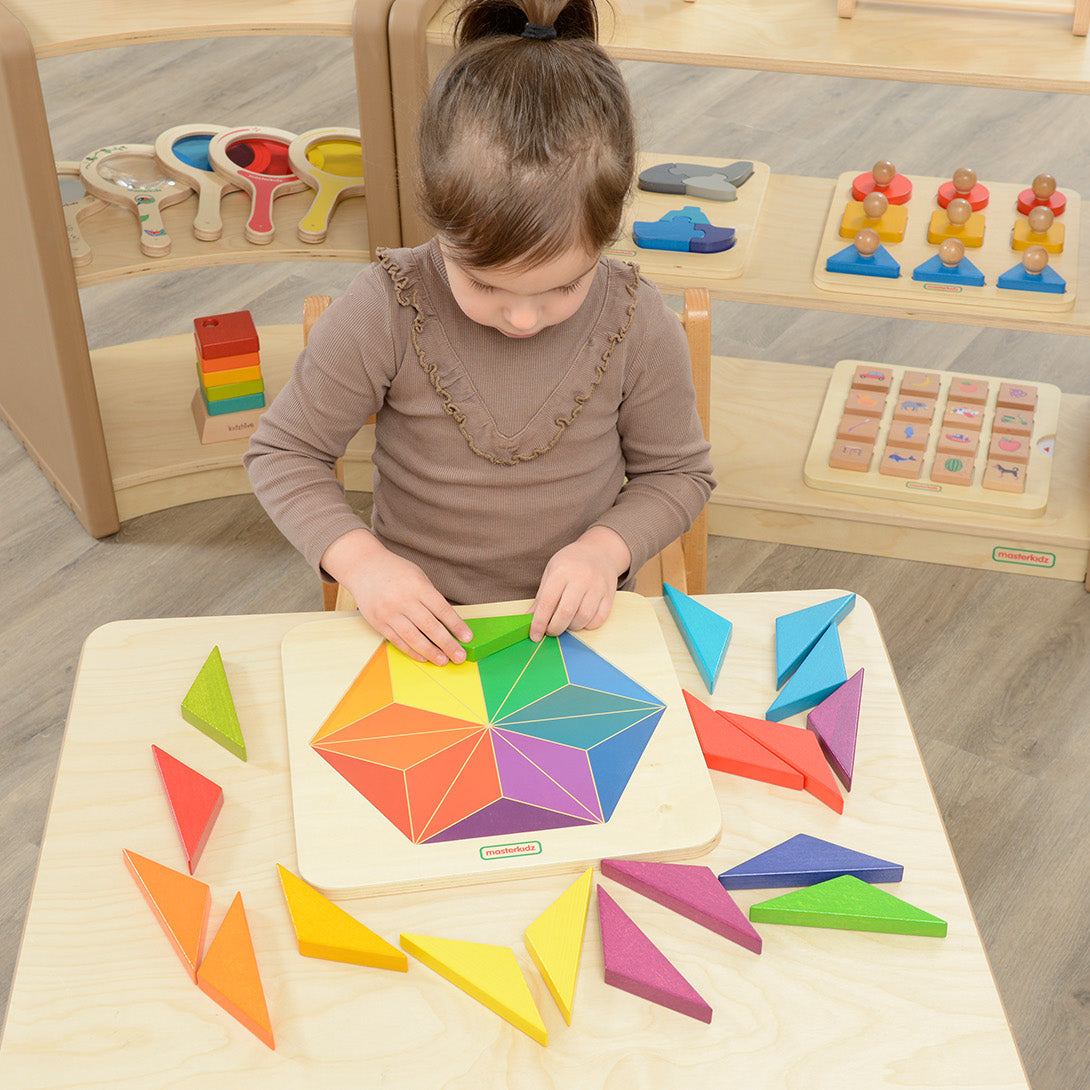Hexagonal wooden puzzle by Masterkidz for creative play and colour skills
