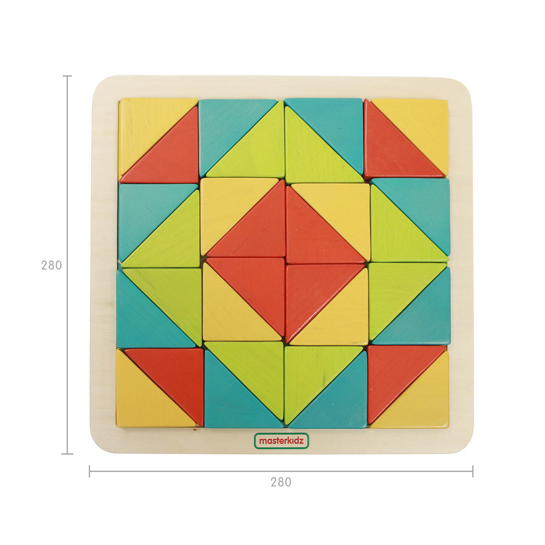 Wooden triangular tiles promoting spatial awareness and motor skills