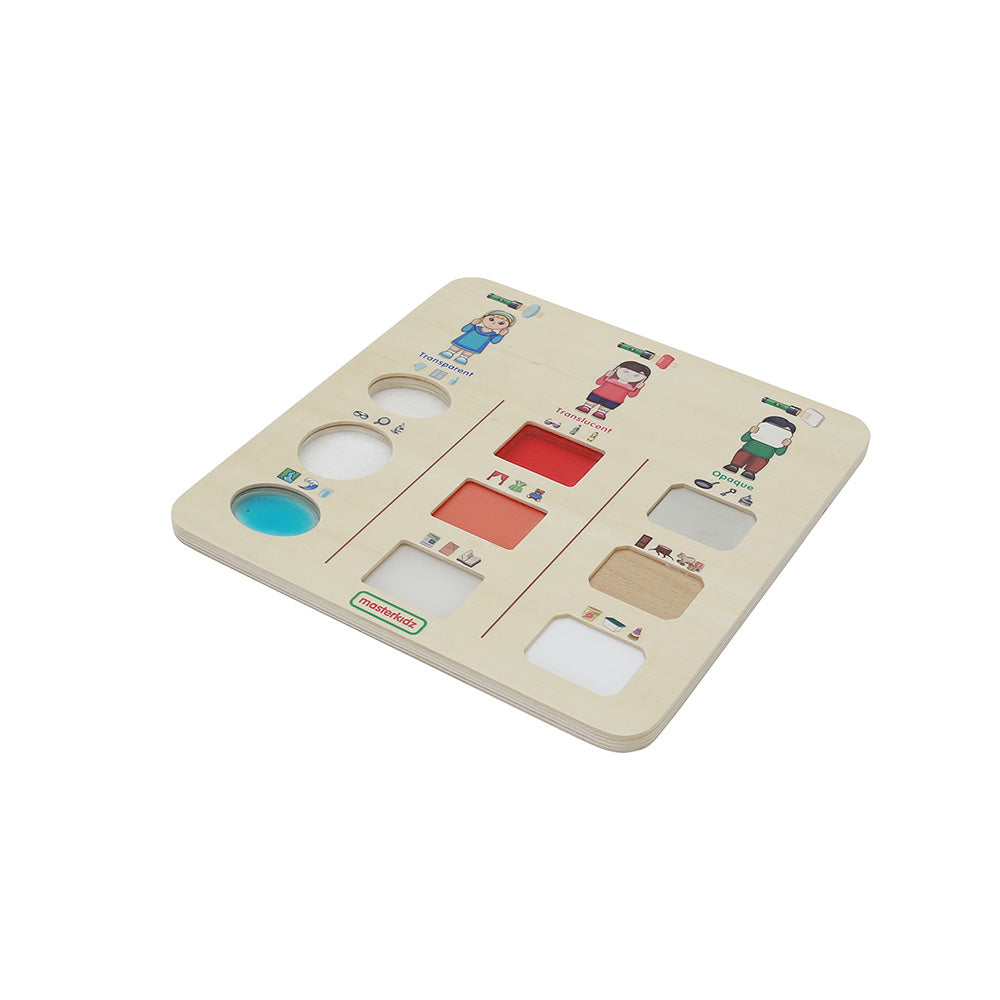 Interactive learning board helping kids identify transparent, translucent, and opaque materials.