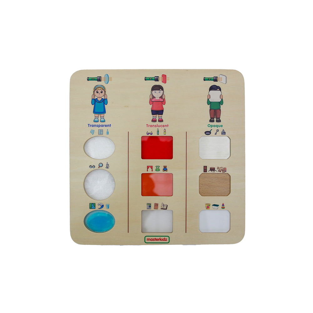 Masterkidz "Does Light Go Through?" Discovery Board showing transparent, translucent, and opaque materials.